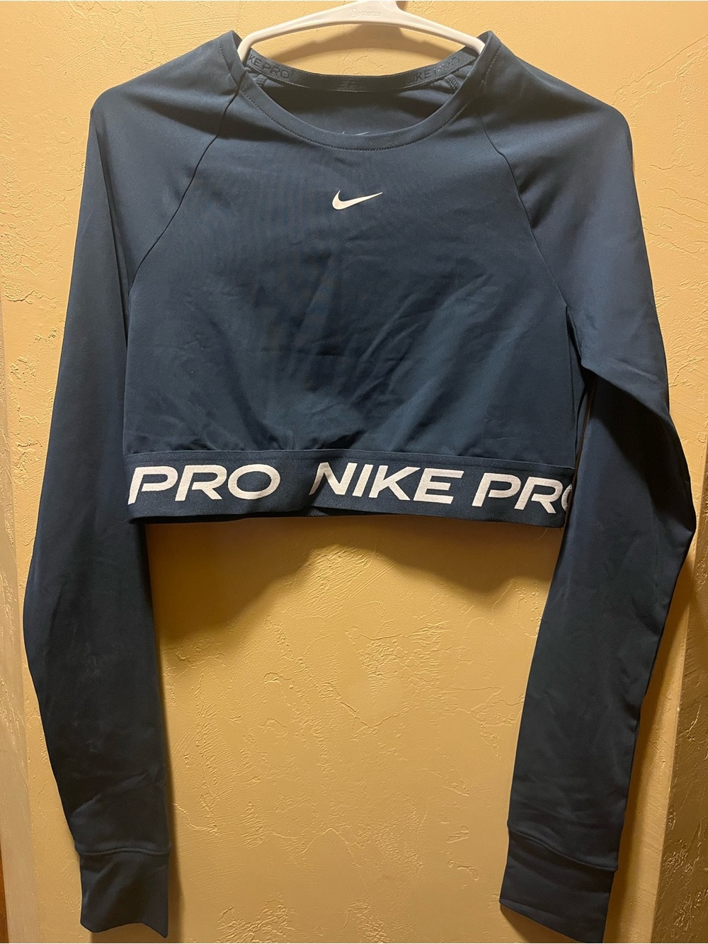 Nike Navy and White Pro Cropped Long Sleeve Top